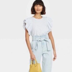 A New Day Ruffle Sleeve Linen Blend Striped Top - Size Med